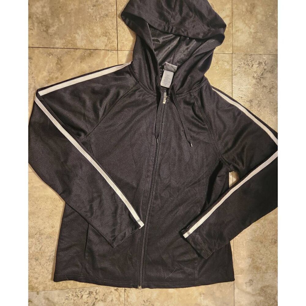 A3  Champion black zip up athletic hooded jacket with white striped long sleeves